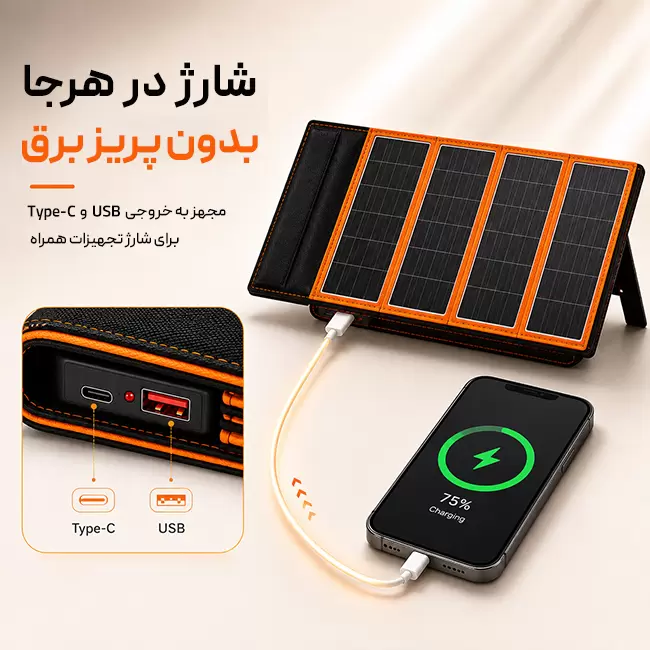 پنل خورشیدی تاشو 20 وات WGWX-20W-4 با خروجی USB و Type-C برای شارژ تجهیزات همراه
