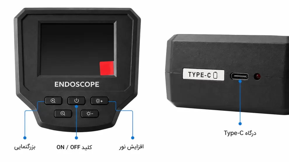 راهنمای تصویری دوربین اندوسکوپی UM3 با نمایش کلیدهای کنترل و درگاه شارژ Type-C