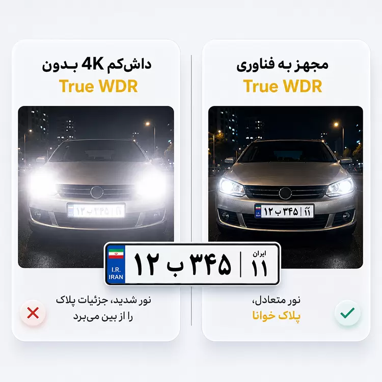 مقایسه ثبت پلاک خودرو در شب با داش کم 4K بدون True WDR و دوربین مجهز به فناوری True WDR